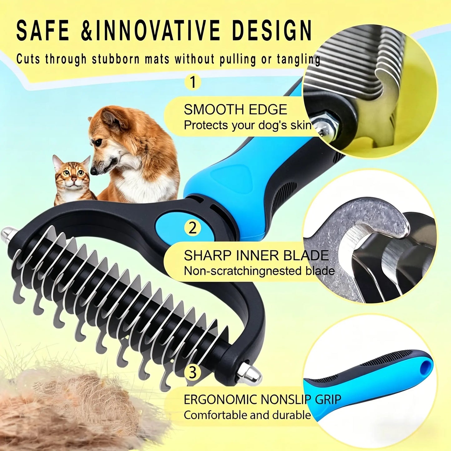 Pet Detangling Comb and Double-Sided Grooming Brush for Dogs and Cats with One-Click Undercoat Rake for Shedding and Mat Removal