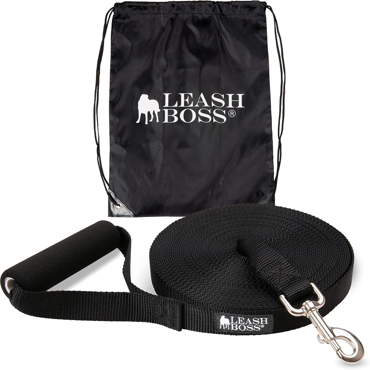 Free Range Long Dog Leash for Large Dogs with Drawstring Backpack - 1-Inch Nylon Training Lead with Padded Handle (Black, 30 Ft)