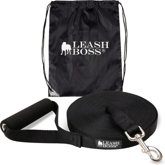 Free Range Long Dog Leash for Large Dogs with Drawstring Backpack - 1-Inch Nylon Training Lead with Padded Handle (Black, 30 Ft)