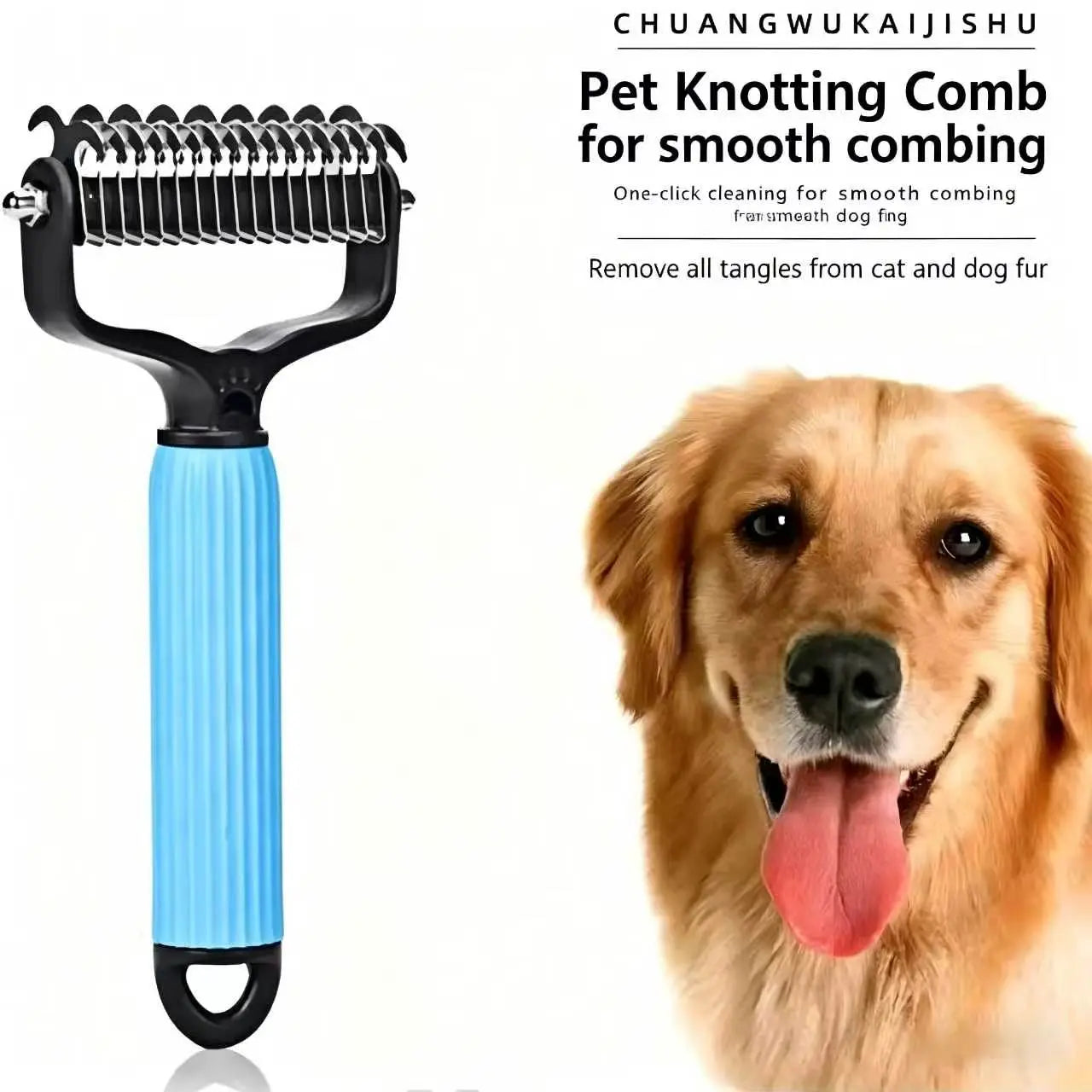 Pet Detangling Comb and Double-Sided Grooming Brush for Dogs and Cats with One-Click Undercoat Rake for Shedding and Mat Removal